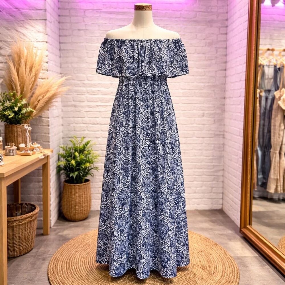 "Off Shoulder Blue White Paisley Maxi Dress Ruffled Neck Size M Boho"